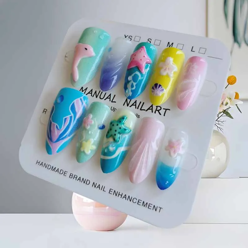 เล็บปลอมลายฝรั่งเศสสไตล์มหาสมุทร 3 มิติ ลายปลาโลมาและปลาดาว จำนวน 10 ชิ้น พร้อมลายตาแมวน่ารักหวานๆ