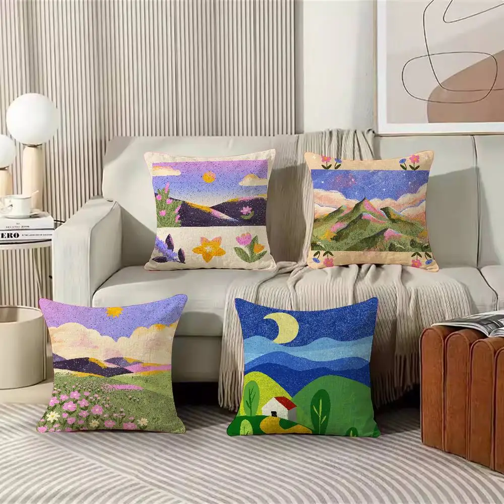 Hand Drawn Nature Landscape Pillow Cover Colorful Mountain Sun Moon Volcano Wildflower Scenery Print Cushion Case for Sofa Decor