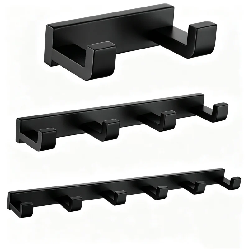 Black Hanging Hooks For Wall Stainless Steel 2 4 6 Row Hooks Towel Hooks Bathroom Door Clothe Hanger Coat Rack Wall Mounted 4