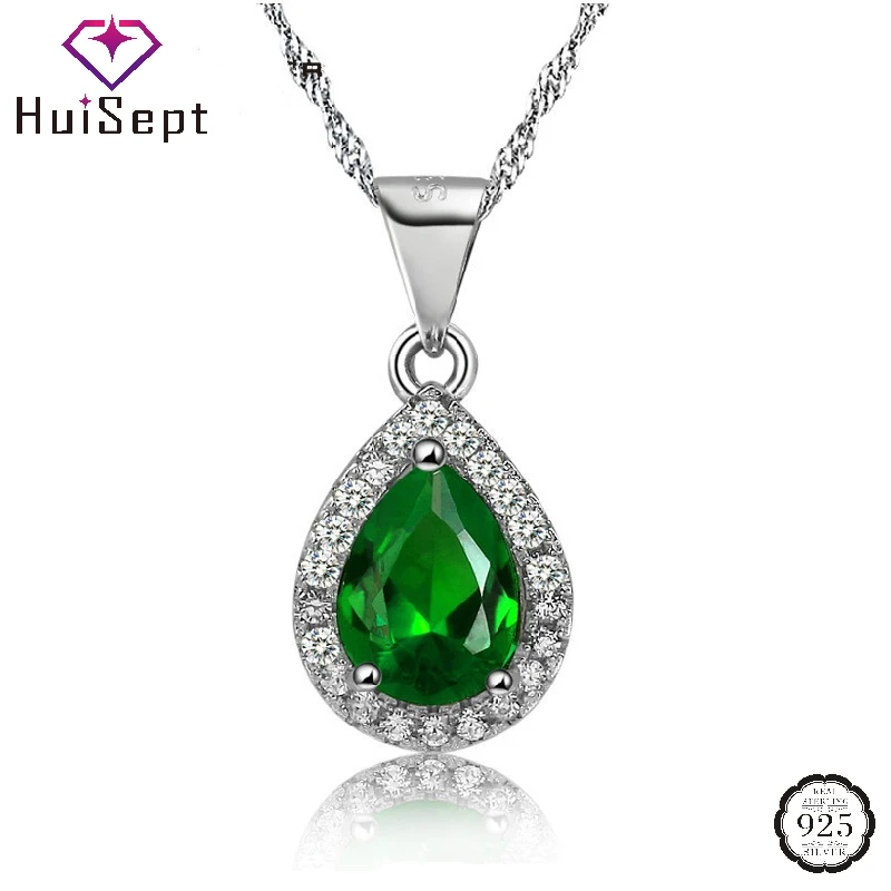 

HuiSept Women Necklace 925 Silver Jewelry Water Drop Shape Emerald Zircon Gemstone Pendant for Wedding Party Gifts Accessories