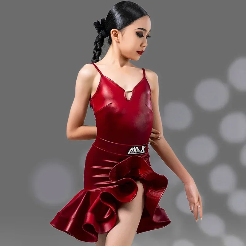 Nuevo traje de práctica de baile latino para niños, falda con tirantes para actuación de baile latino para niñas, vestido de práctica de baile de salón