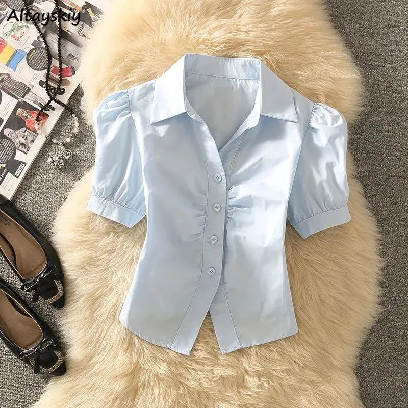 Cropped Summer Shirts Women Simple Office Lady All-match Solid Sweet Short-sleeve Design Chic Young Y2k Tops Popular Slim Preppy