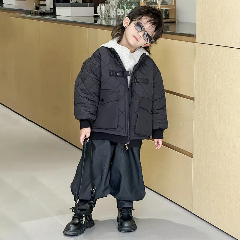 Children Boys Winter Overcoat Plus Velvet Thicken Zipper Kid Boys Outerwear Solid Korean Style Windproof 2-10Y Boys Warm Jackets