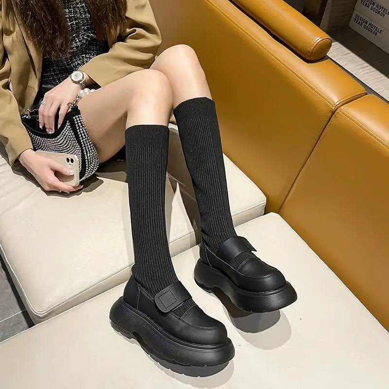 Shoes for Woman Lolita Footwear Black Winter Knee High Shaft Women\'s Boots Mary Janes Sock Long Pu Boot Spring Autumn Trend 2024