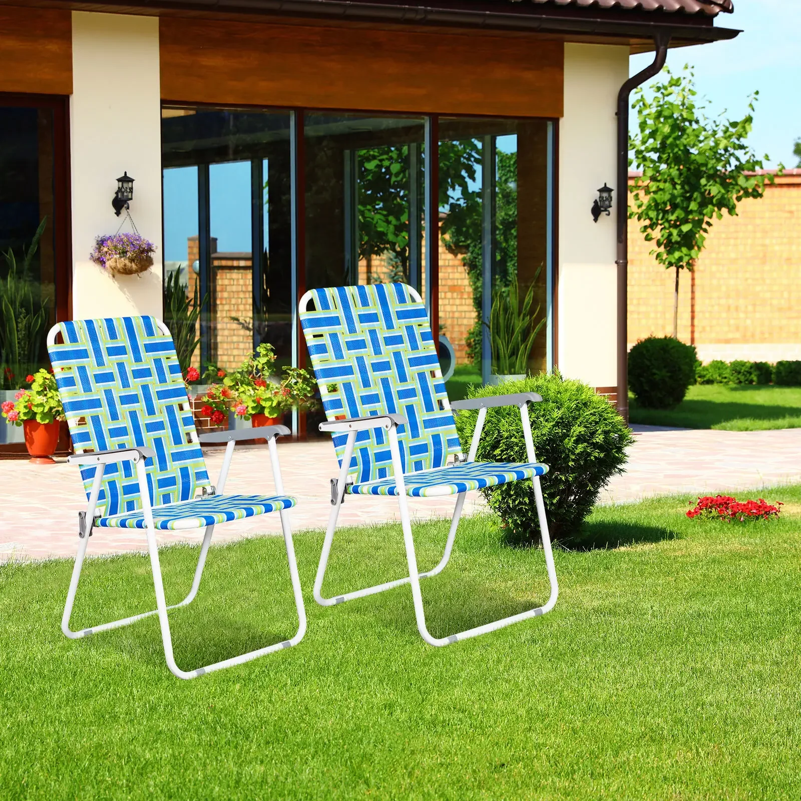 

2 PCS Patio Lawn Chairs Webbed Folding Chairs for Garden Beach Camping Outdoor