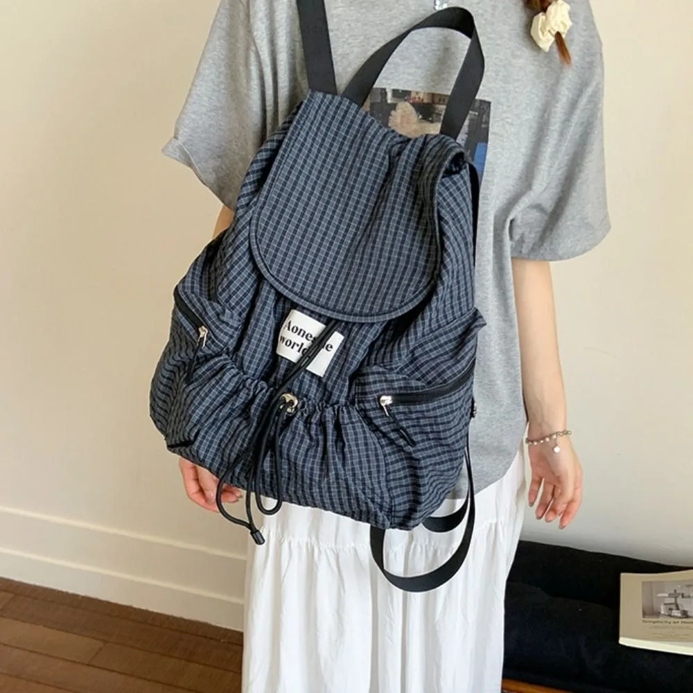 

Simple Solid Color Drawsting Backpacks Korean Nylon Ruched Shoulder Bags Plaid Light Weight Student Schoolbag Unisex