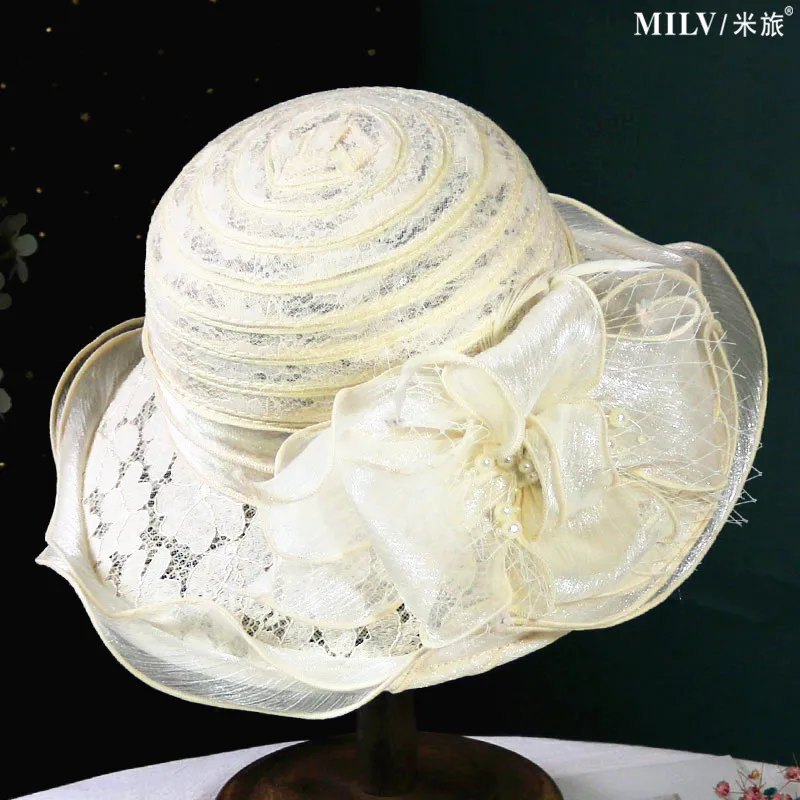 Damskie fascynatory Millinery kapelusz do kościoła elegancka, z kokardą szerokim rondem kapelusze wiadro Kentucky Derby Fedora damskie letnie