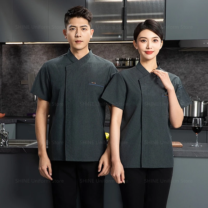 Restaurant veste à manches courtes été hommes noir Chef uniforme tablier vêtements de travail Logo Chef Shorts respirant Chef manteau cuisine