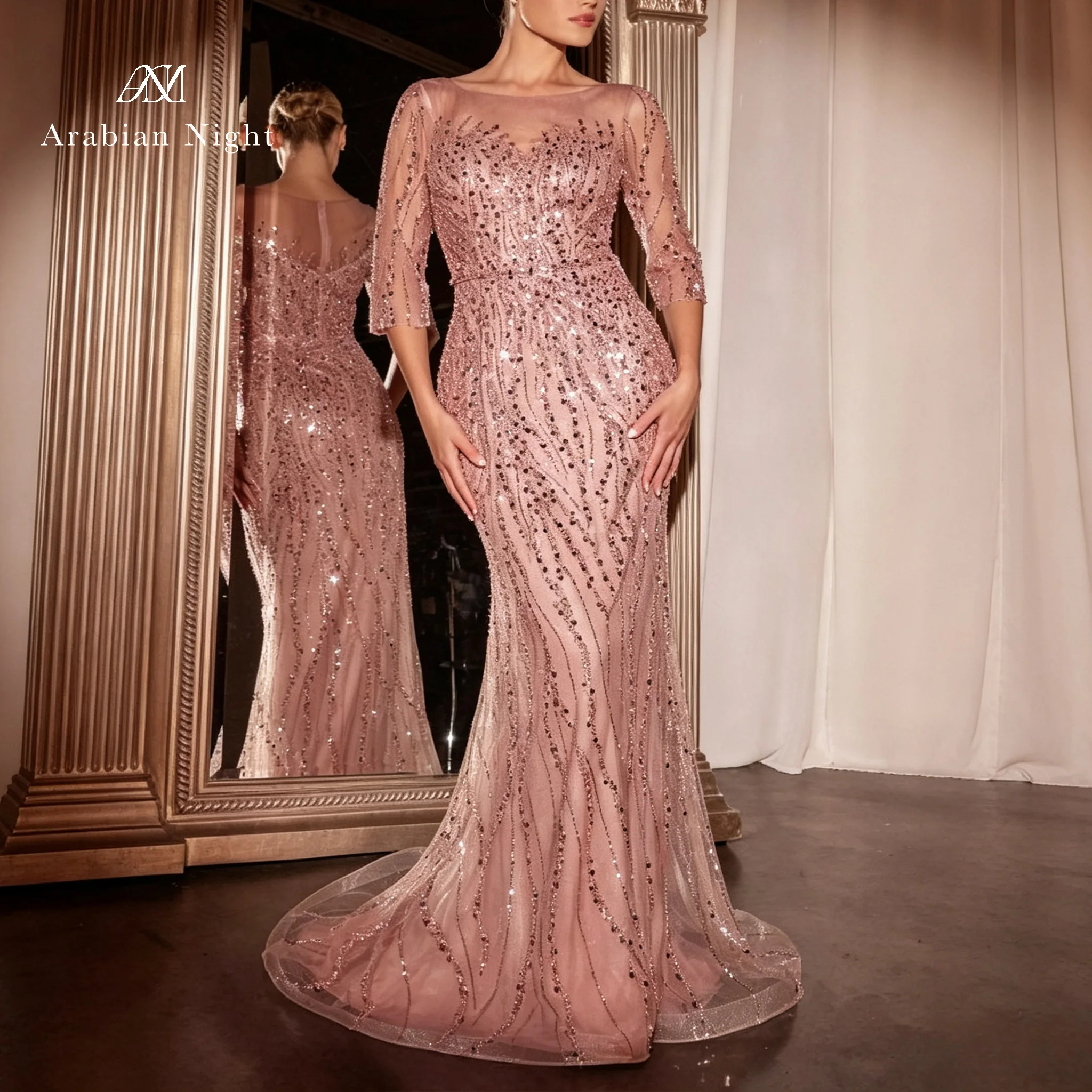 Pink round-neck short-sleeved floor-length formal ball gown with fish tail hem and sequin embroidery