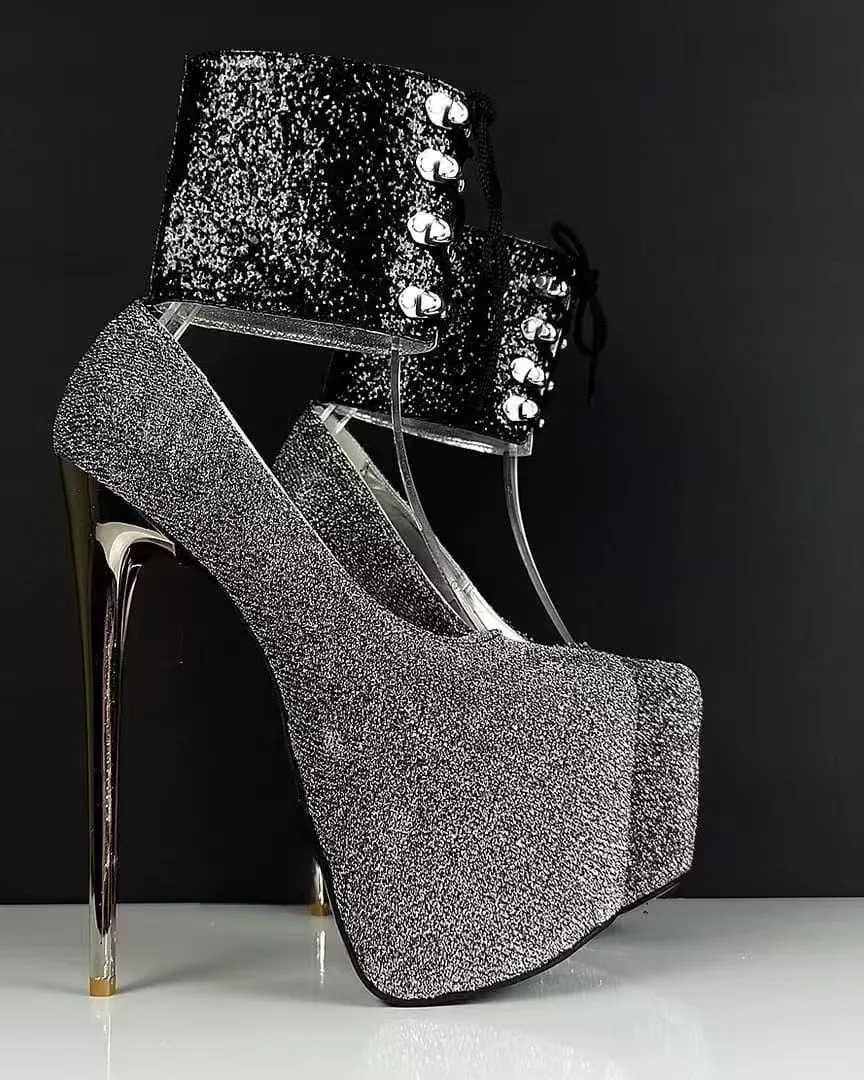 

Silver Shiny Platform Stiletto High Heels Black Sparkle Ankle Cuffs Strap Detail Fashion Round-Toe Sexy Pump for Evening Looks