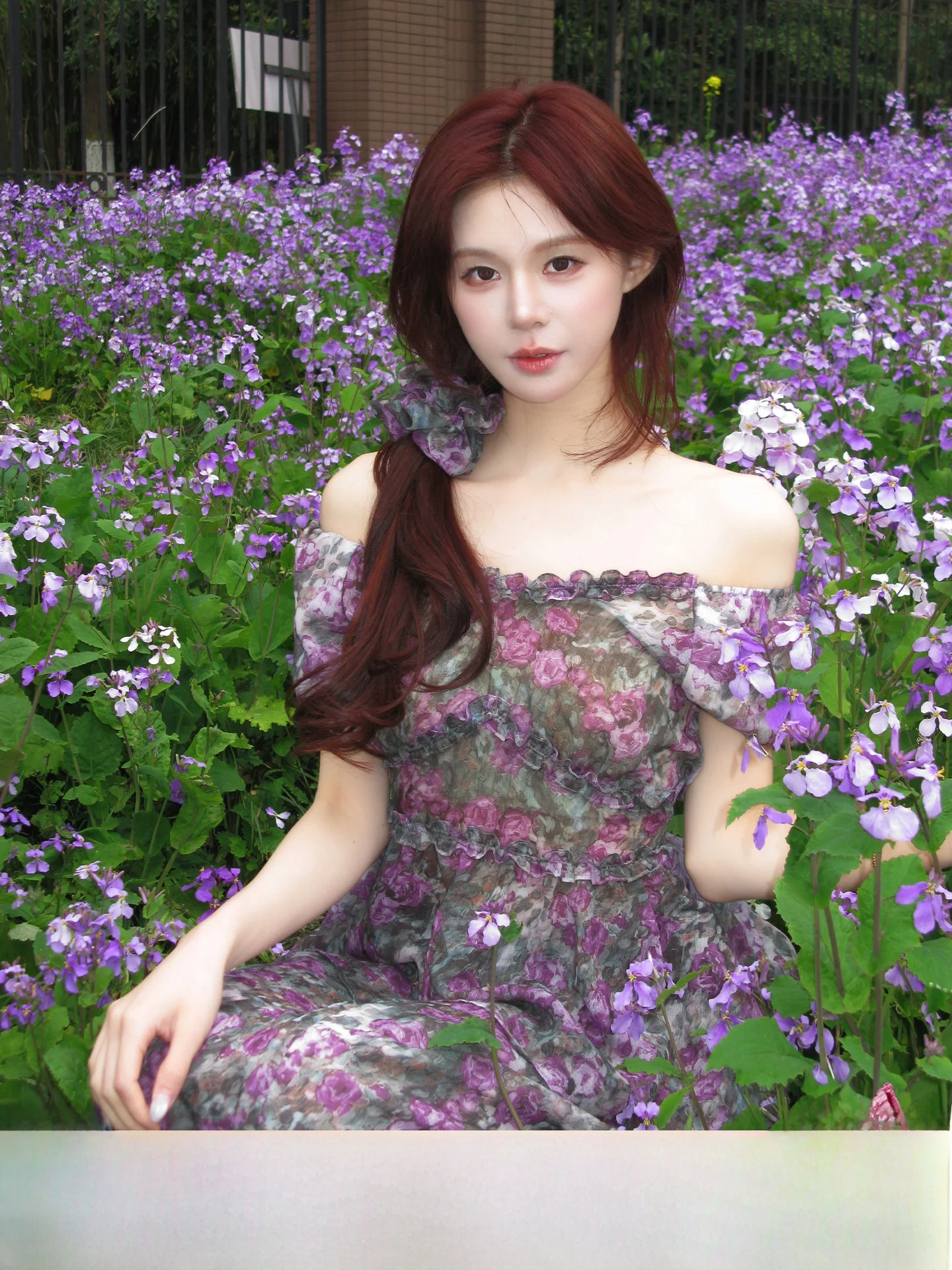 

Unique Purple Pleated One-Shoulder Floral Print Holiday Style Women's Fashion Set Beautiful Shirt And Pants Korean Style Summer