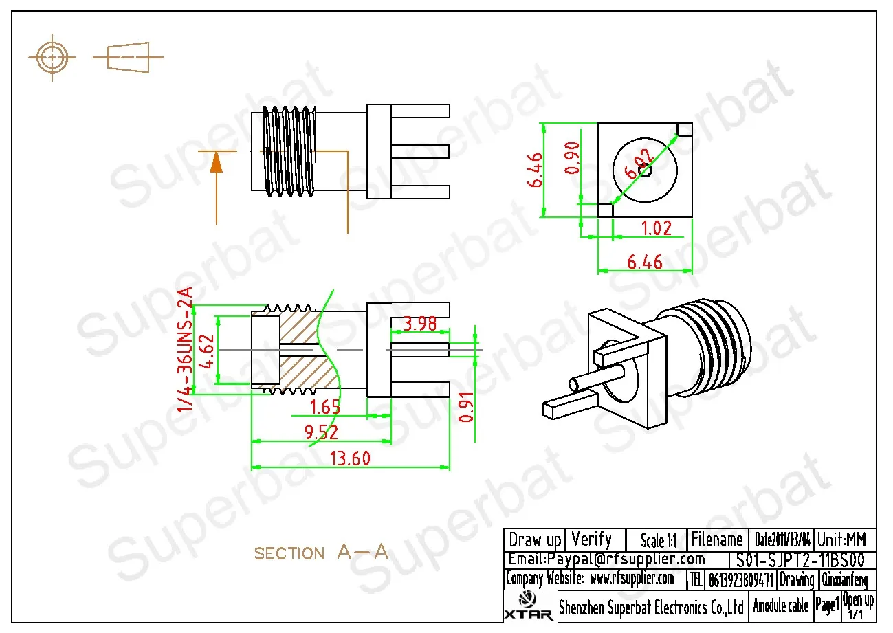 Superbat SMA 스루 홀 암 PCB 마운트, 대각선 평면 RF 동축 커넥터