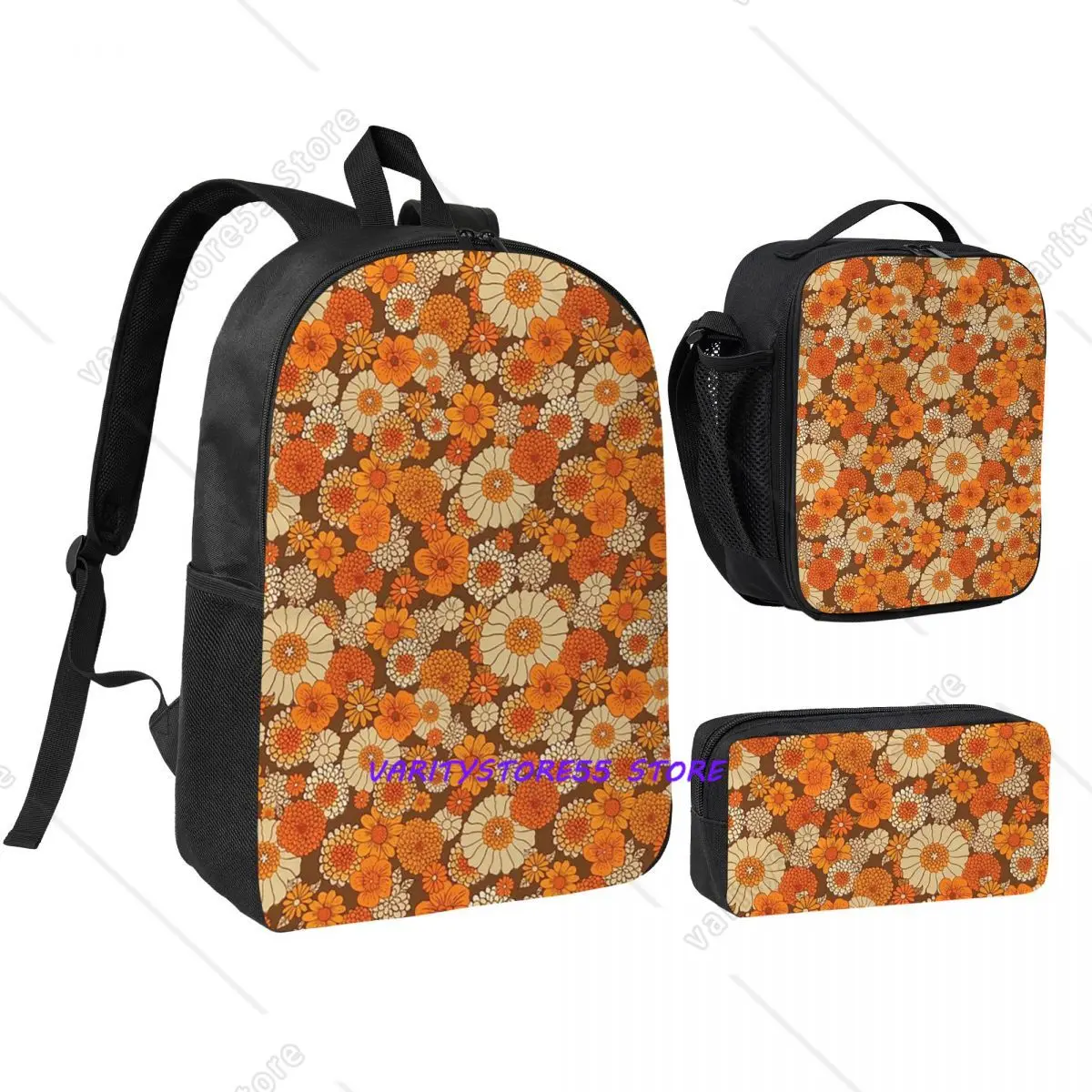

70s Retro Daisies, Vintage Flower Power Boho Backpack BookBag School Bag Shoulder Bags 3ps Insulated Lunch Bag Pencil Case