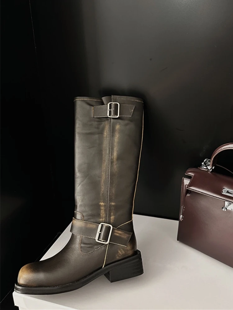 Retro Zipper Women Long Boots Fashion Buckle Strap Women Shoes Thick Heel Zapatos Mujer Knee High Botas Femininas