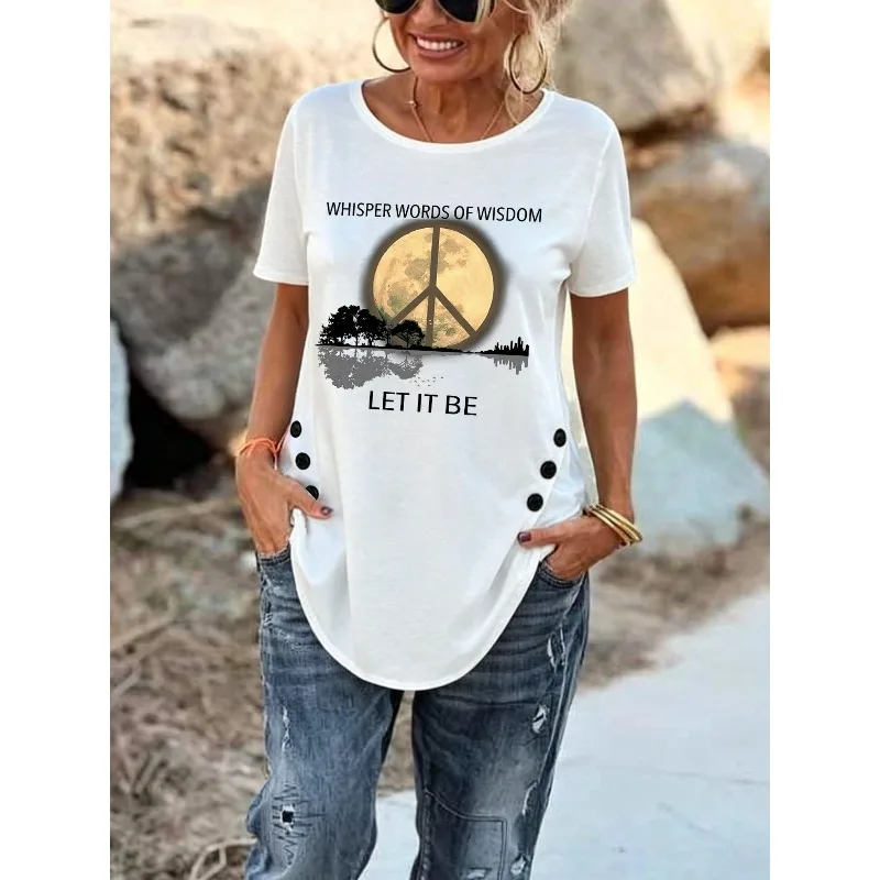 ilstile Women's Let It Bet Print T-Shirts Summer Hippie Short Sleeve Casual Loose Round Neck Tops Irregular Hem White Tees NEW