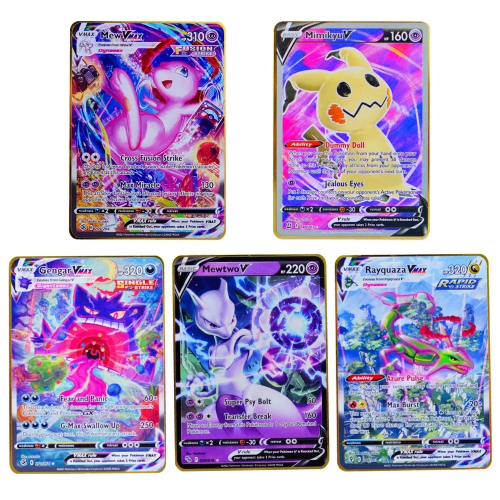 5 uds Pokemon tarjeta de Metal letras de Pokemon Mewtwo Vmax Charizard Vstar Pikachu tarjetas de hierro dorado juegos de Anime juguetes para niños regalos