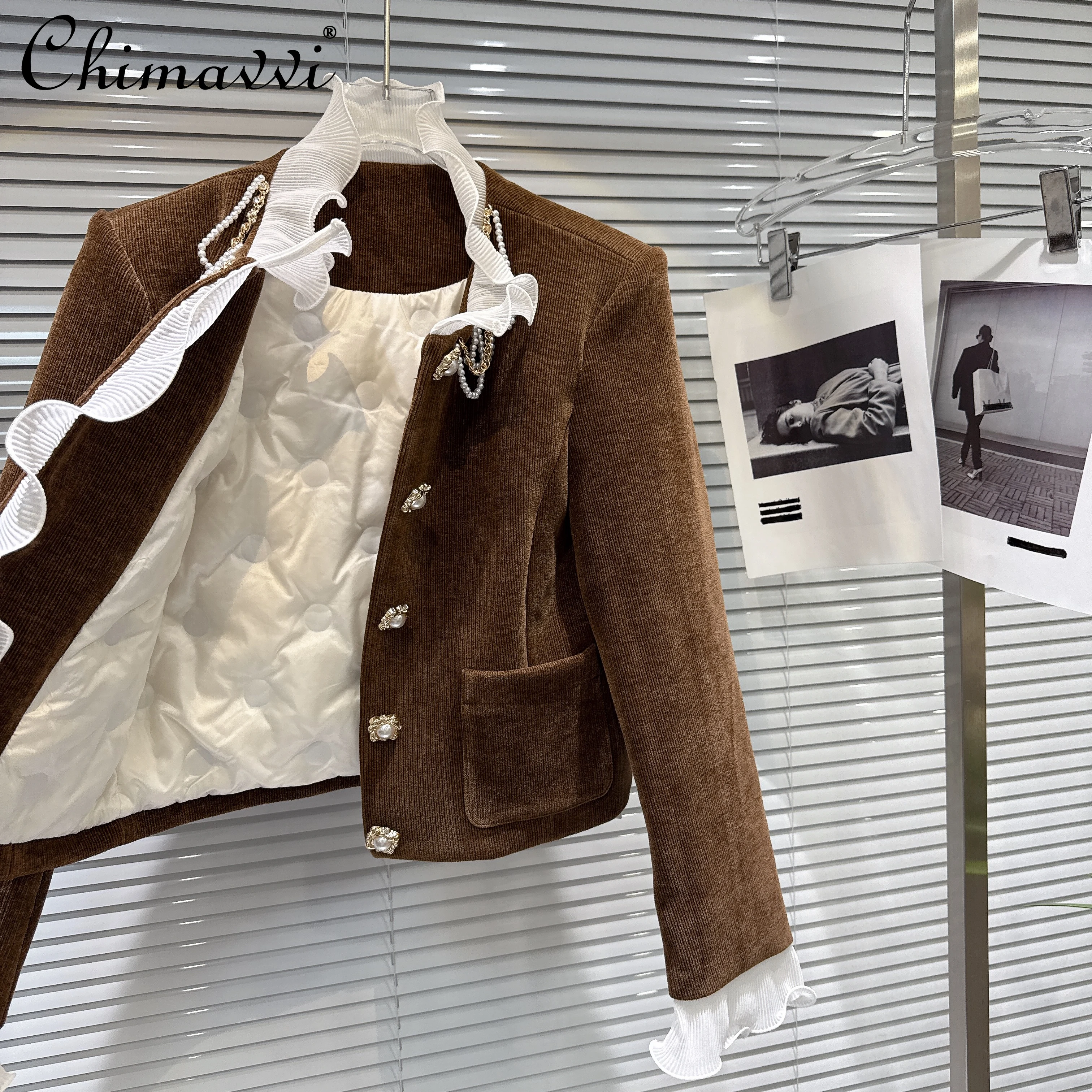 

French Fashion Elegant Socialite Pearl Chain Single-breasted Down Short Jacket High Waist Long Pants Two-Piece Set Women Winter