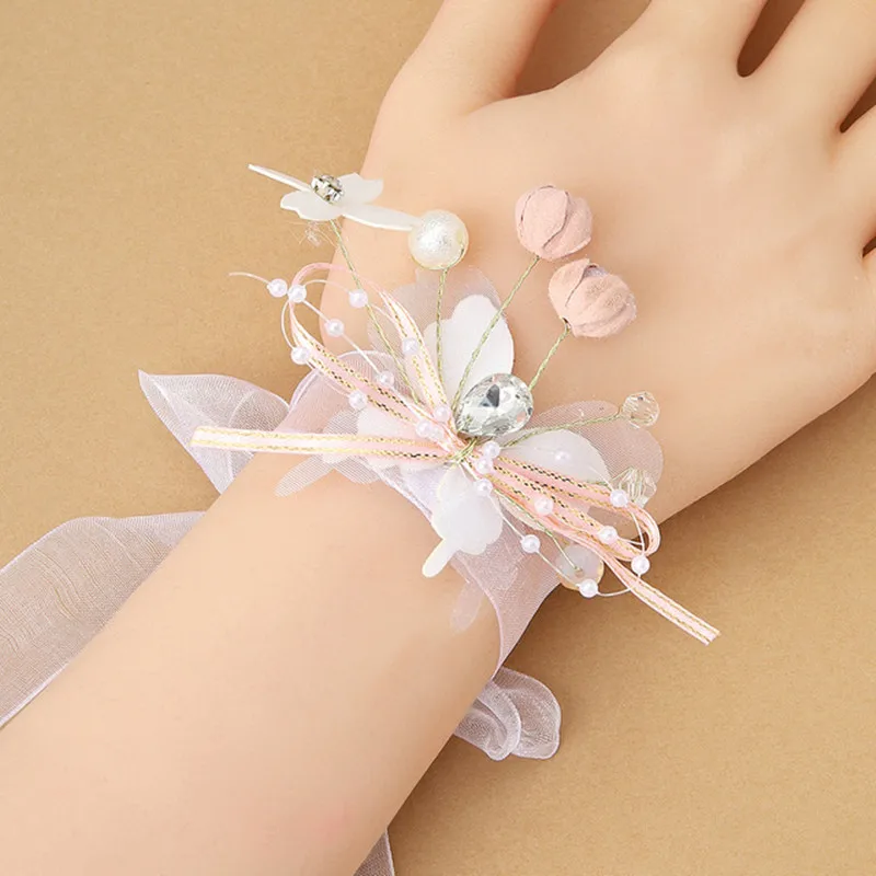 Fashion Pearl Wrist Flower for Girls Bridesmaid Wedding Lace-up Hand Flower Bridal Prom Accessories Dancing Party Decor ML