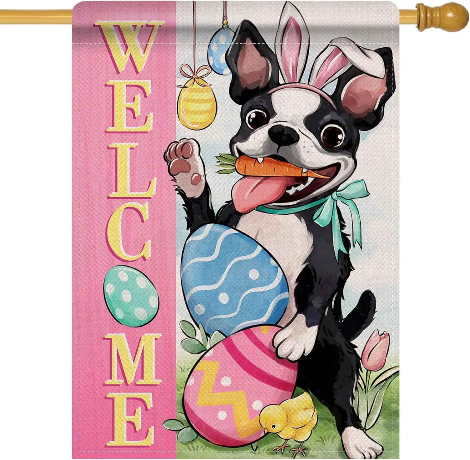 Artofy Welcome Easter Boston Terrier Dog Large Decorative House Flag, Pink Easter Eggs Yard Garden Outside Decor Pet Owner L ZZM