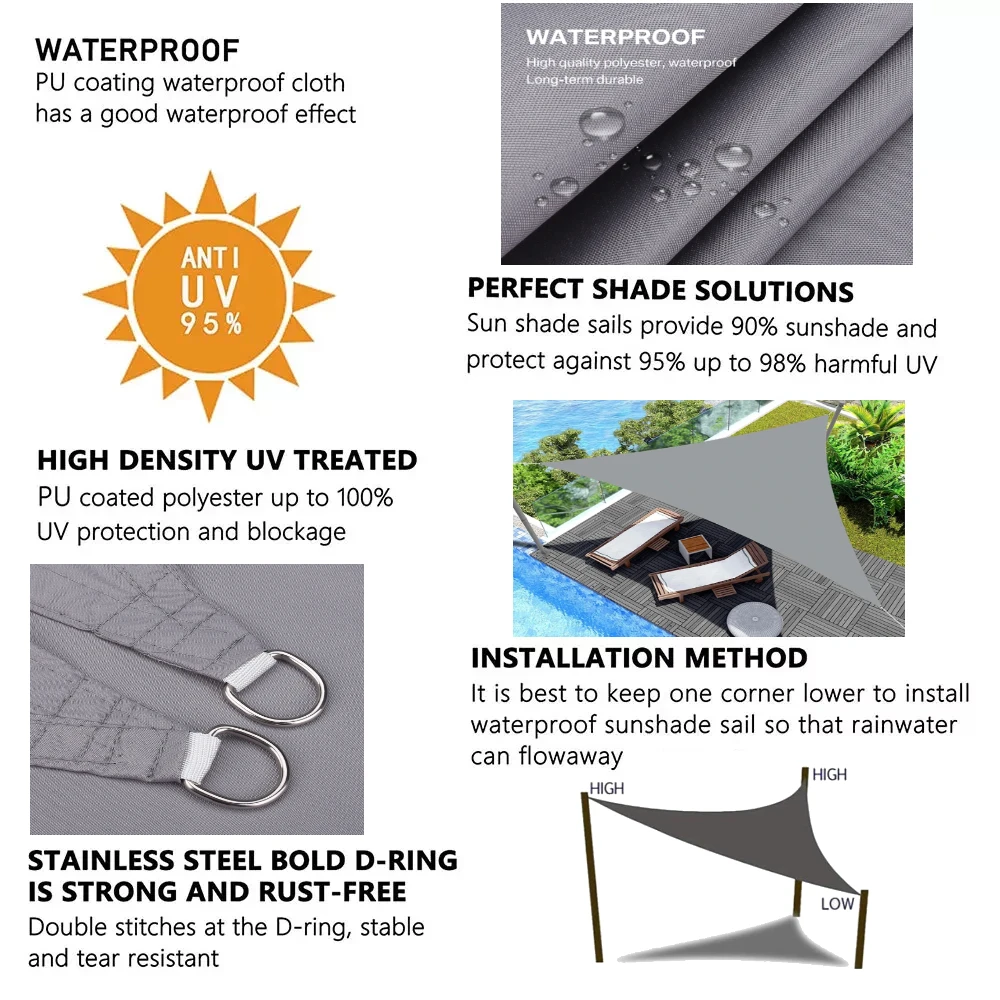 Waterproof Garden Shade Sail 2/3/5/7M Triangle Garden Canopy with Ropes UV Block Patio Sunshade Sunscreen Awnings Sun Shelter