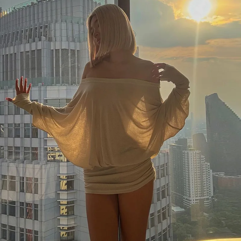

2025 Summer Solid Off The Shoulder Sheer Ruched Dress Elegant Women Fashion Casual Long Sleeve Mini Dress for Party Club Holiday