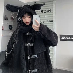 Harajuku Style Dark Loose Mid-length Hairy Coat Women Autumn and Winter Retro Warmth Plush Rabbit Ears Cotton-padded Clothes