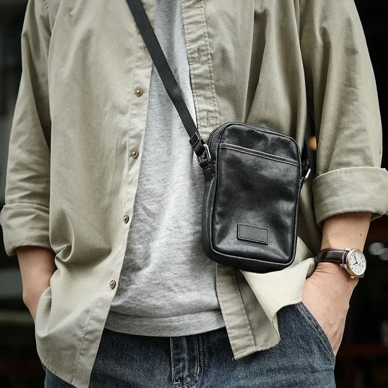 Vintage Men's Top Layer Leather Mini Crossbody Bag Black Genuine Leather Phone Pouch Casual Adjustable Shoulder Bag Daily Carry