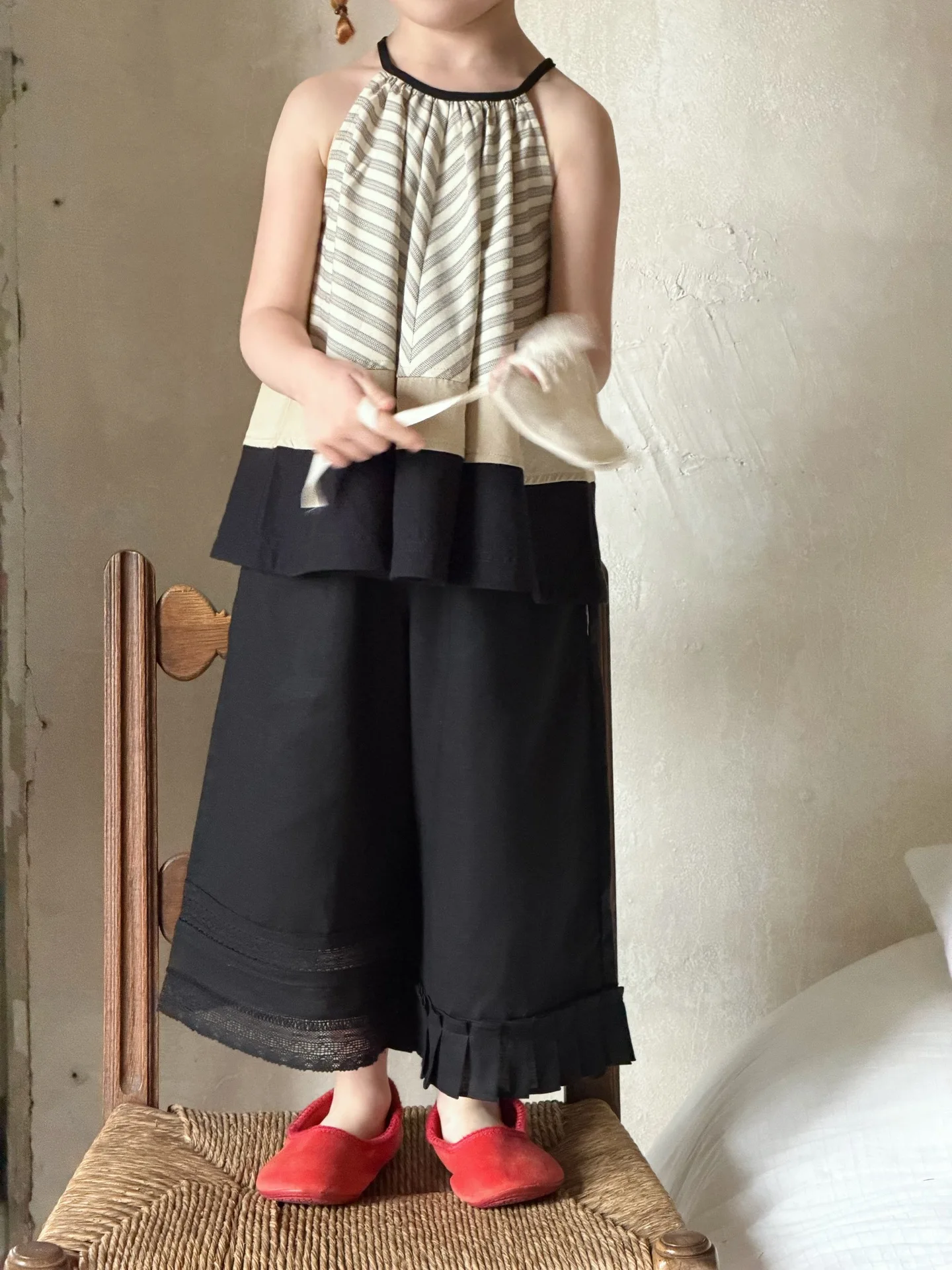 Childrens Clothing 2026 Summer New Girls Versatile Stylish Pants Black Linen Pants Irregular Wide-Leg Mosquito-Proof Pants
