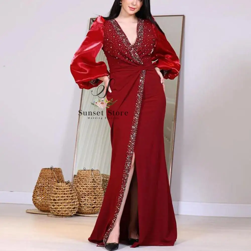여성용 맞춤형 레드 이브닝 드레스, V넥 랜턴 소매 이브닝 가운, 스플릿 비즈 새틴 정장 웨딩 게스트 파티 드레스