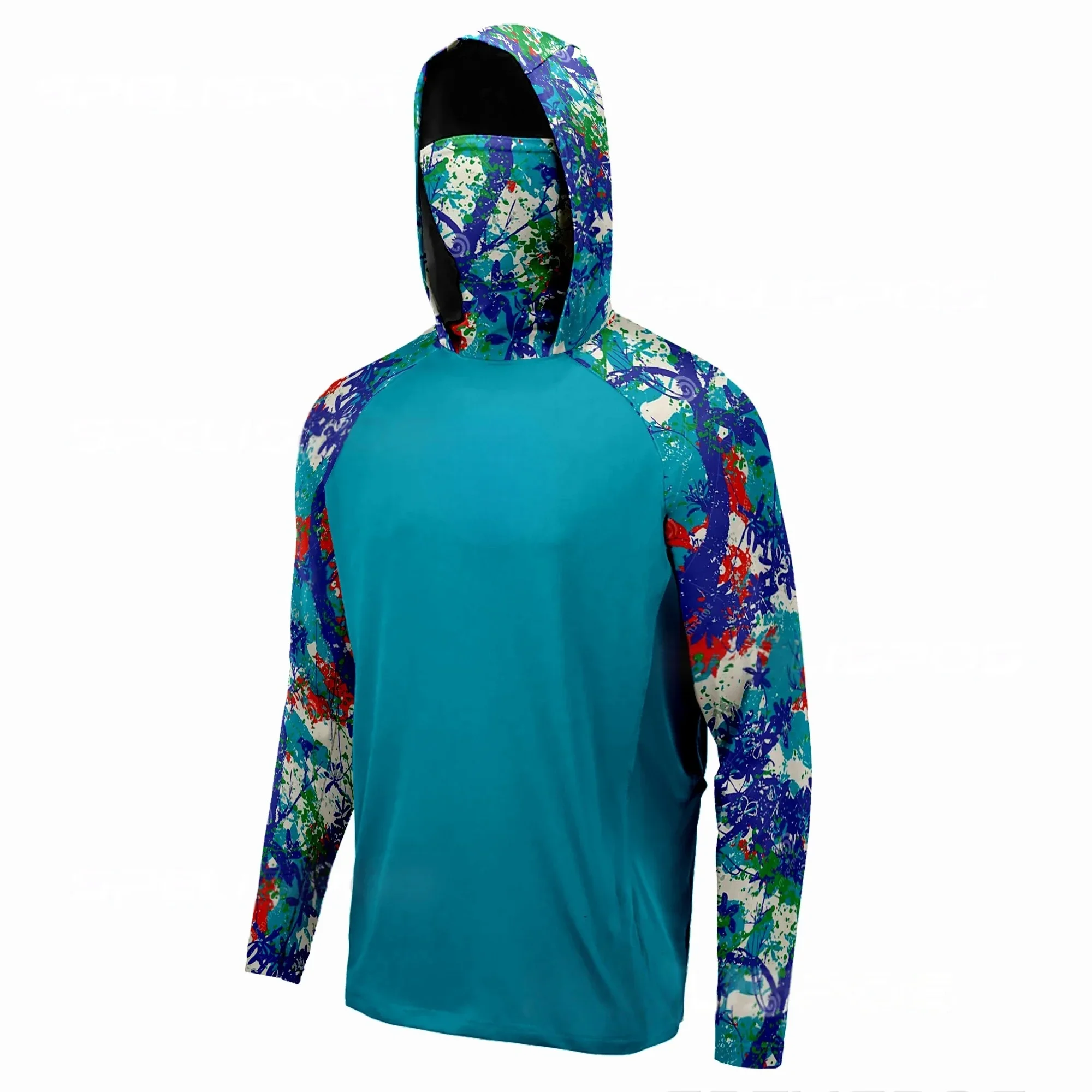 Mens Sun Protective Fishing Hoodie With Neck Gaiter Quick‑Dry Camo Splice Long Sleeve Shirt For Kayaking Hiking Outdoor Activit