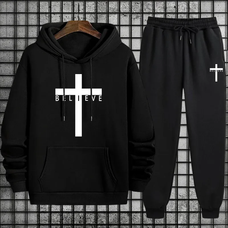 Men's Luxury Sportswear Set 2026 New Design Christ Cross Hooded Sweatshirt and Sweatpants for Gym Training Outdoor Activities