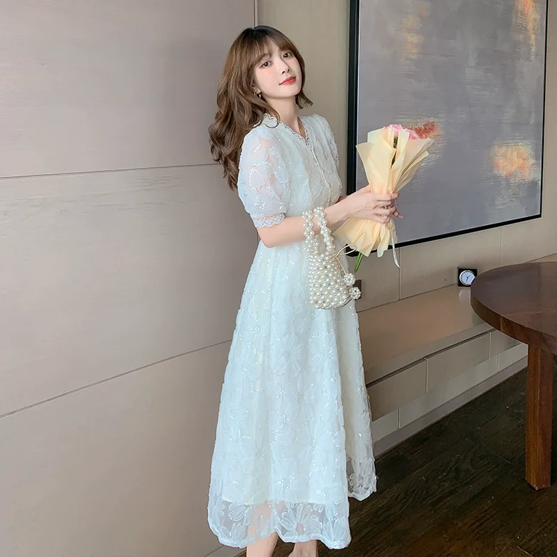 Korean Vintage Women Clothes Fashion Floral Embroidery Elegant Puff Sleeve Vestidos Hollow Out Midi Robe Summer White Lace Dress