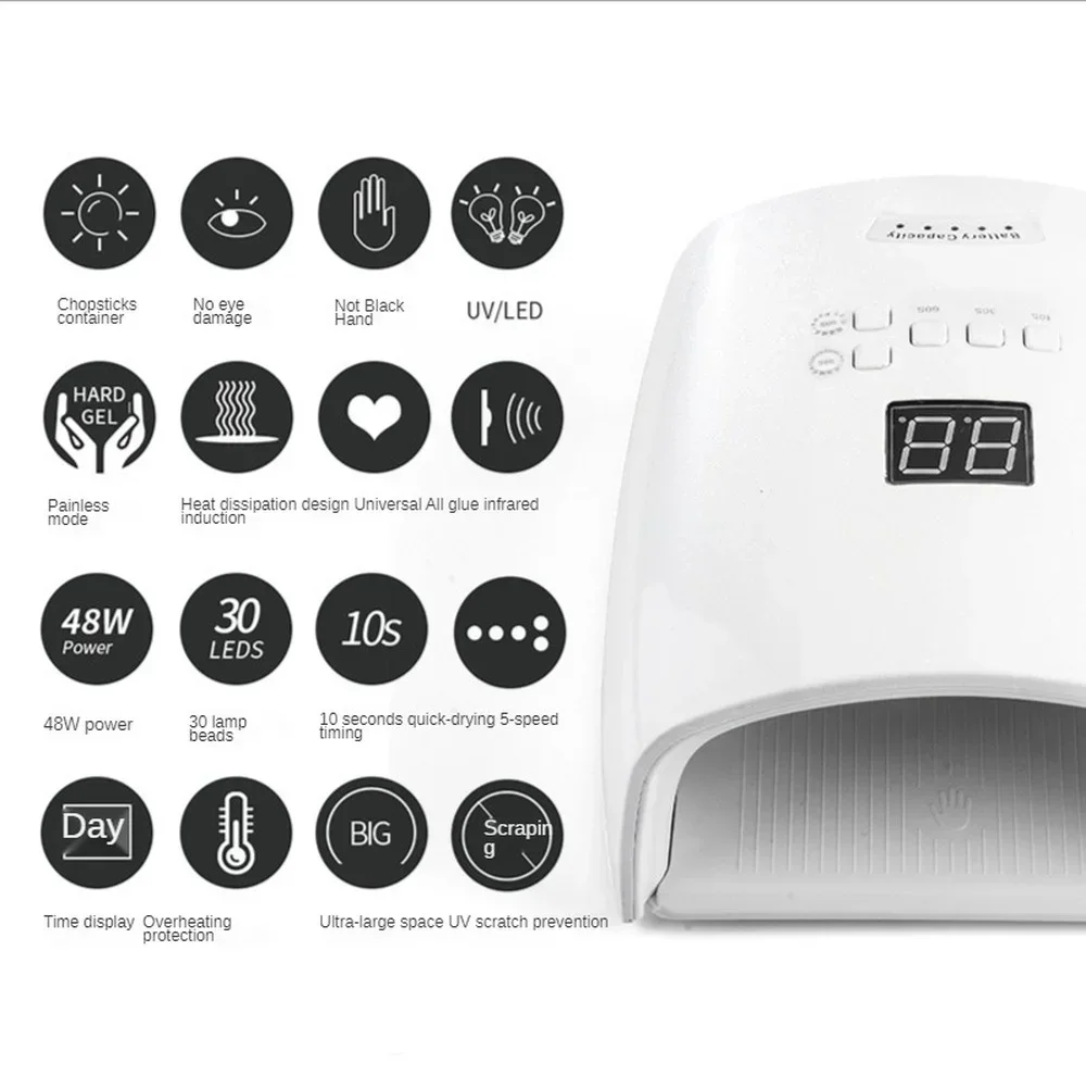 48W recarregável bateria embutida sem fio profissional LED lâmpada de unhas, secador de esmalte em gel para manicure e pedicure S10