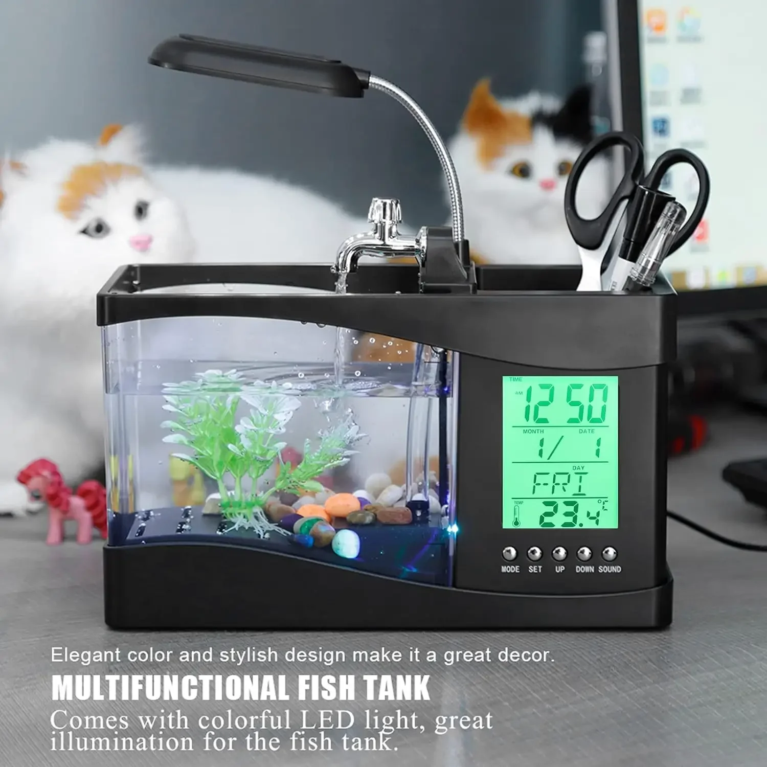 Multifunctional USB LCD Display Desktop Aquarium Fish Tank LED Light Lamp with Calender Alarm Clock PenHolder Aquarium Substrate