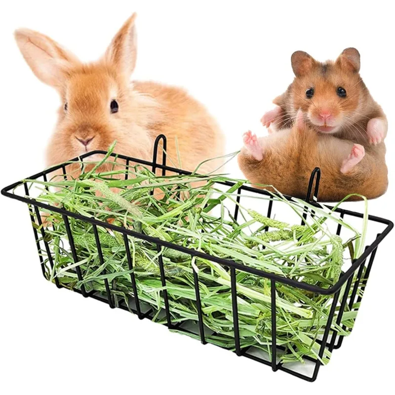 Cesta fija para alimentador de heno de conejo para jaula, estante para césped colgante a prueba de masticar, soporte antiderrames para conejillo de indias/Hamster