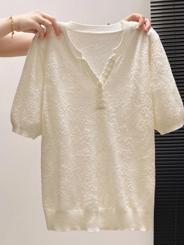 

plus Size Knitted V-Neck T-Shirt Women's Loose Fit Five-Quarter Sleeve Button-Up Soft Style Age-Defying Base Layer Top