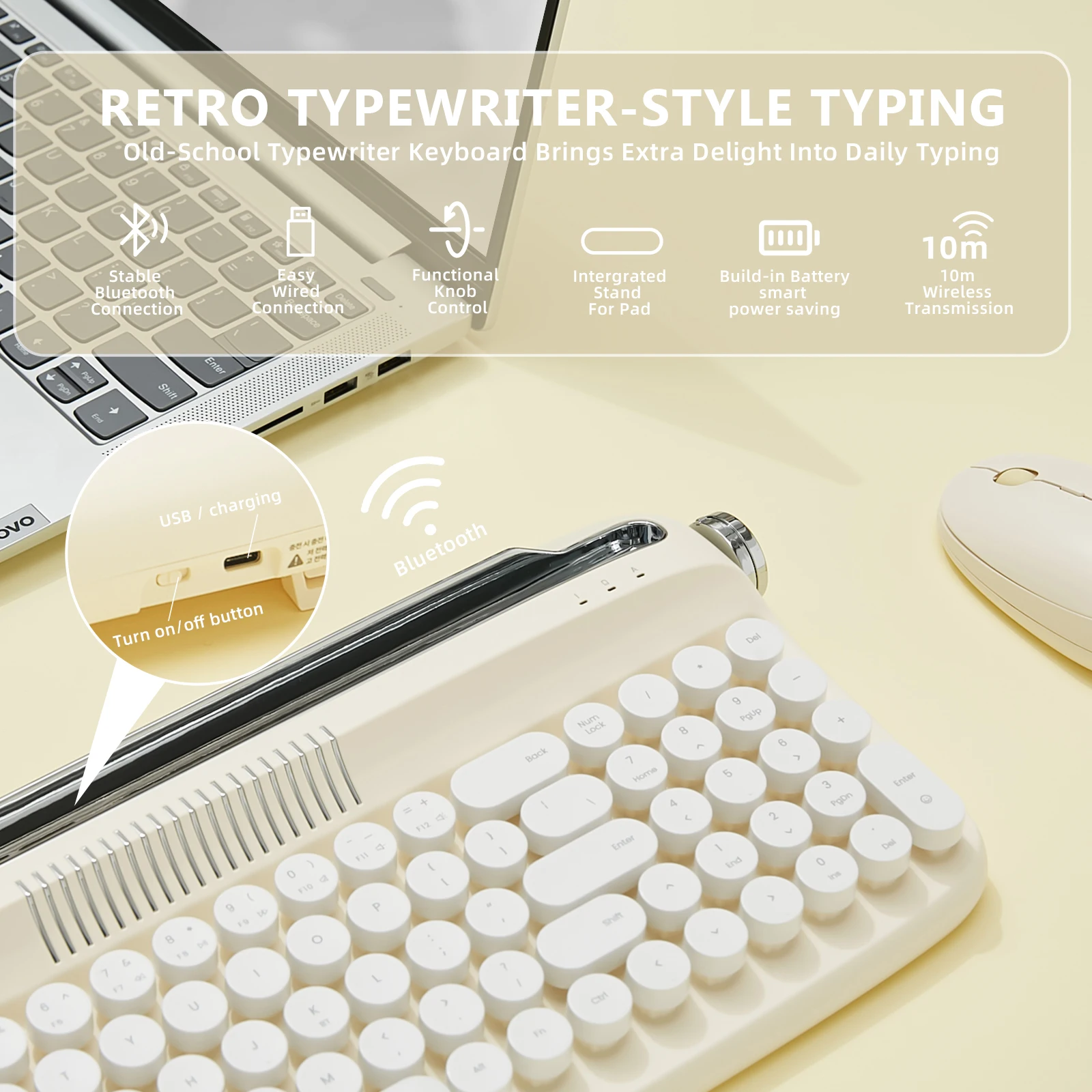 YUNZII B309 Retro Typewriter Keyboard, Upgraded Wireless USB-C/BT Keyboard with Cute Round Keycaps&Integrated Stands for Win&Mac