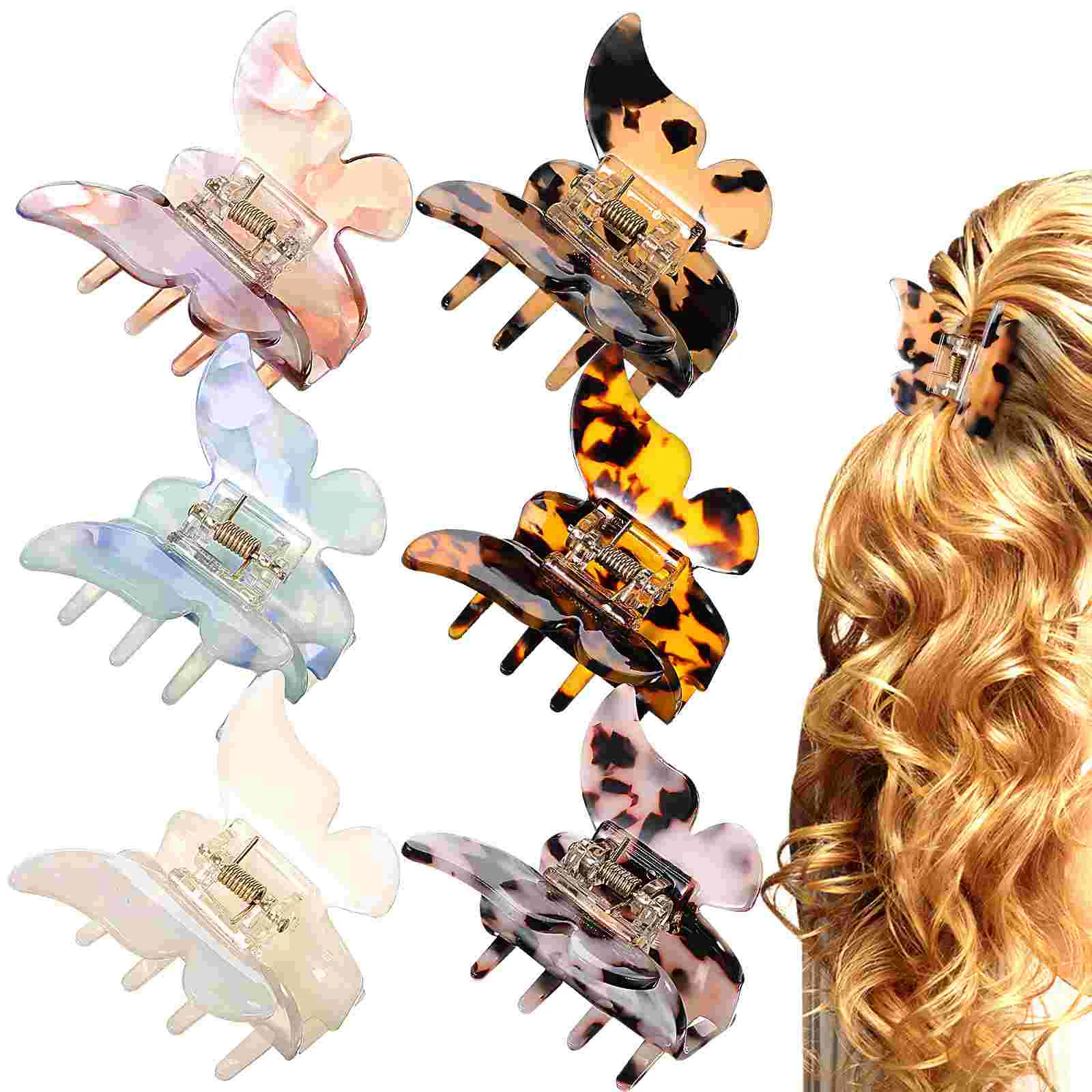 

6 Pcs Women Girls Butterfly Shape Barrettes Acetate Sheet Curly Straight Thick Easy Styling for Curly