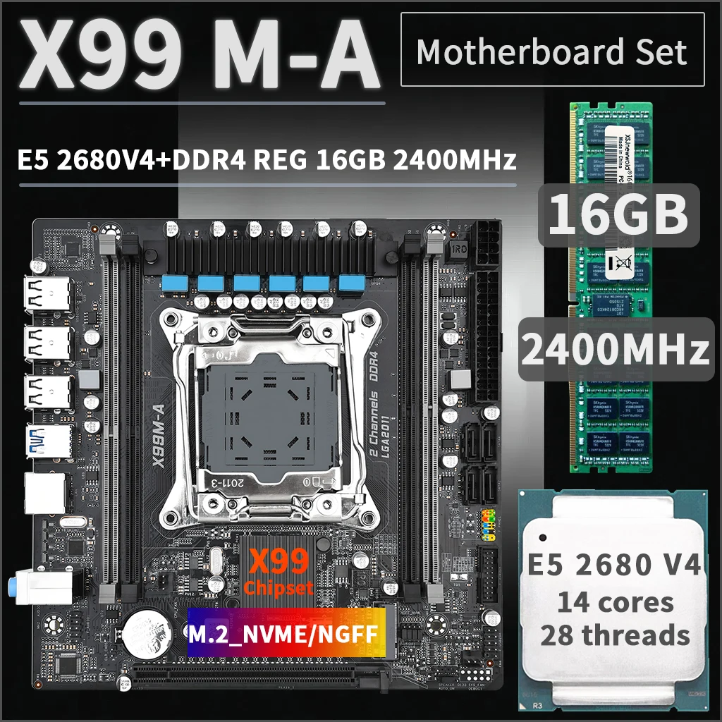 

X99 Motherboard with combo kit set XEON E5 2680 V4 16GB 2400MHz (1*16G) DDR4 REG ECC Memory NVME NGFF USB 3.0
