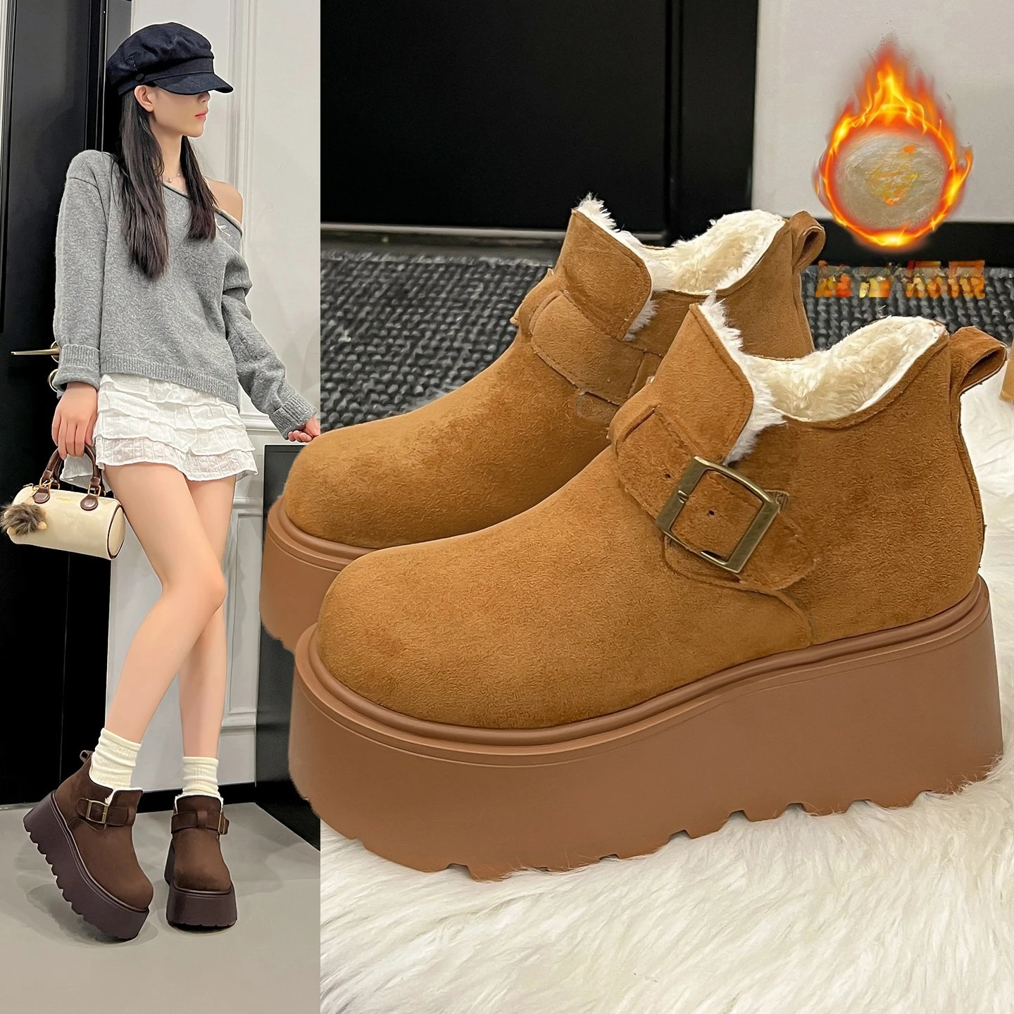 

2025 Winter New Women's Thick-Soled Elevator Snow Boots | Fleece-Lined Warm Loafers-Style Short Boots