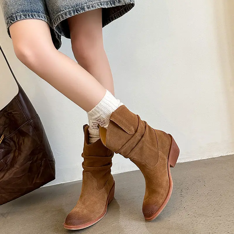 Western Boots Women Cow Suede Fashion Skin Lining Round Toe Ladies Street Sewing Boot Khaki Brown 5cm Block Heeled Ankle Boots image 3