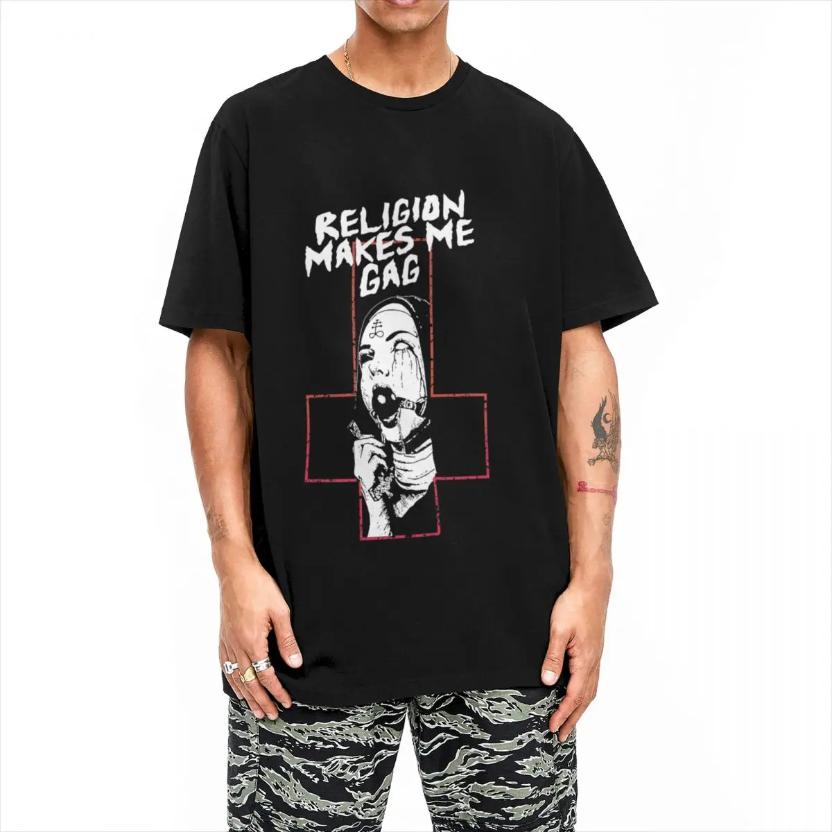 Men Religion Makes Me Gag T-Shirts Nun Satan 100% Cotton Clothing Summer Y2K Basic Short-Sleeved T Shirt O Neck Hippie Tshirt