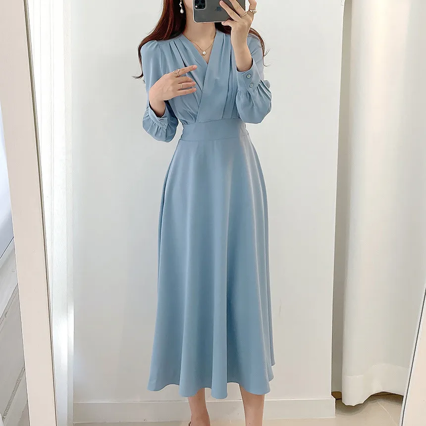 Harajuku V-neck Puff Sleeve A-line Maxi Dresses for Woman Women Solid Color Midi Robe Korean Office Dresses Elegant Spring 2022