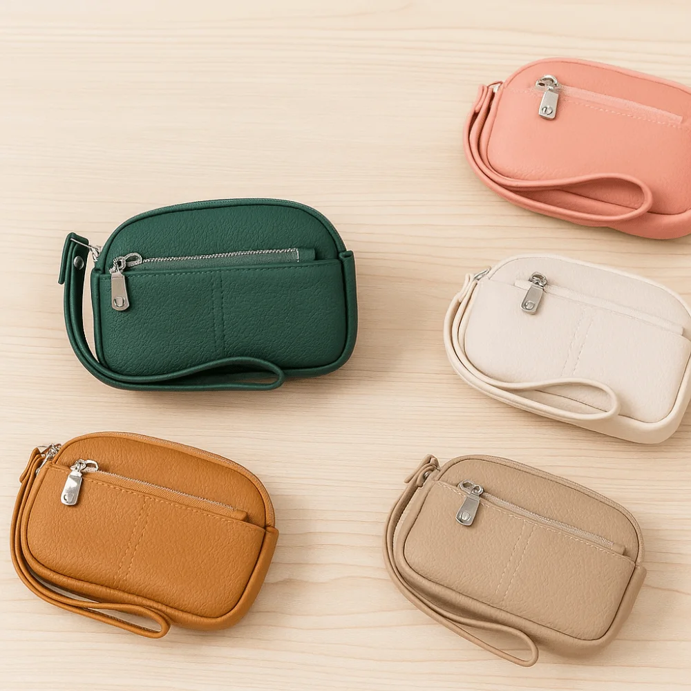 Porta carte Mini portafoglio in pelle PU Portachiavi Portamonete leggero con cerniera Borsa per chiavi da polso in stile coreano di grande capacità