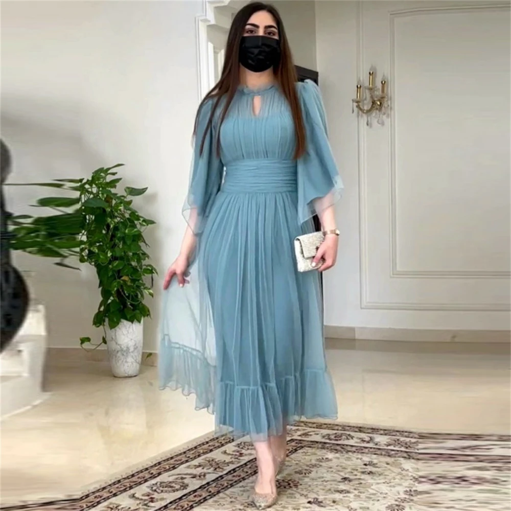 

Fashion Blue High Collar A-Line Tulle Formal Occasion Prom Dresses Ankle Length Women Evening Party Dresses فساتين السهرة