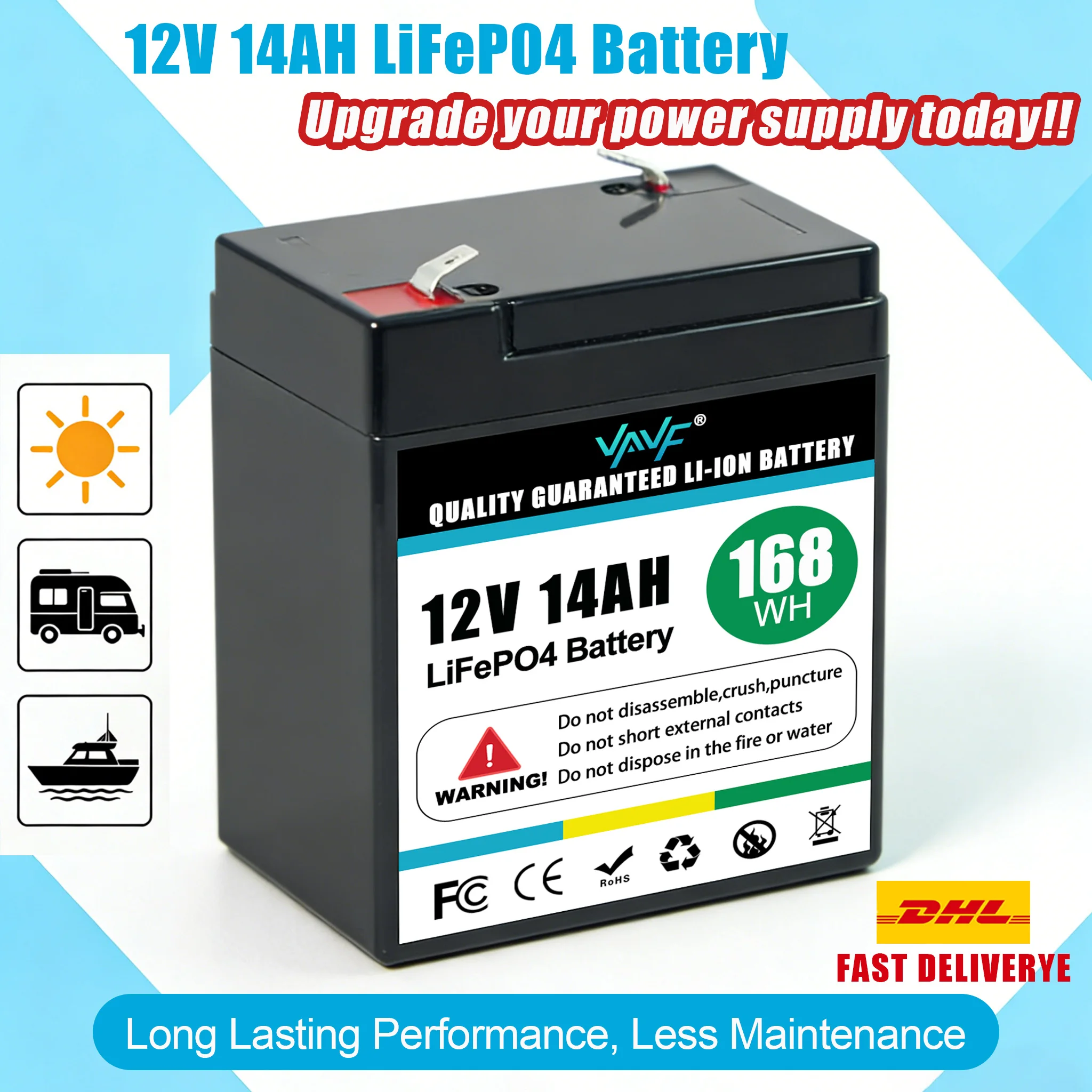 

Аккумулятор LiFePO4 12В Встроенная система защиты BMS 14 Ач, более 2000 циклов, подходит для солнечных энергетических систем Автодома/кемперы, морские лодки