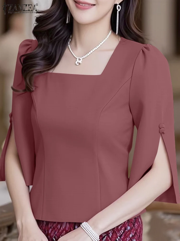 

ZANZEA Women Square Neck Blusas Mujer Elegant 3/4 Puff Sleeve Fashion Solid Color Blouses Causal Slit-Cuffs Commute Office Tops