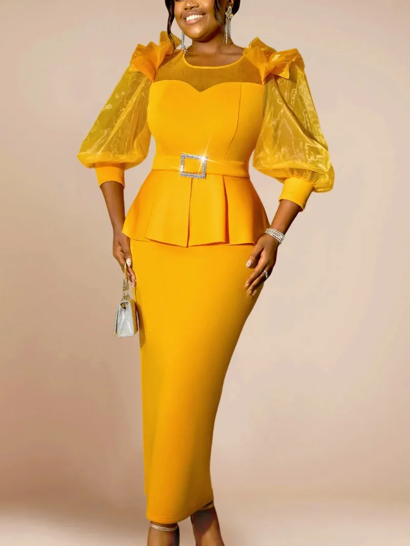 

Plus Size African Party Evening Dresses for Women Autumn Elegant Yellow Mesh Long Sleeve Bodycon Maxi Dress Africa Clothing