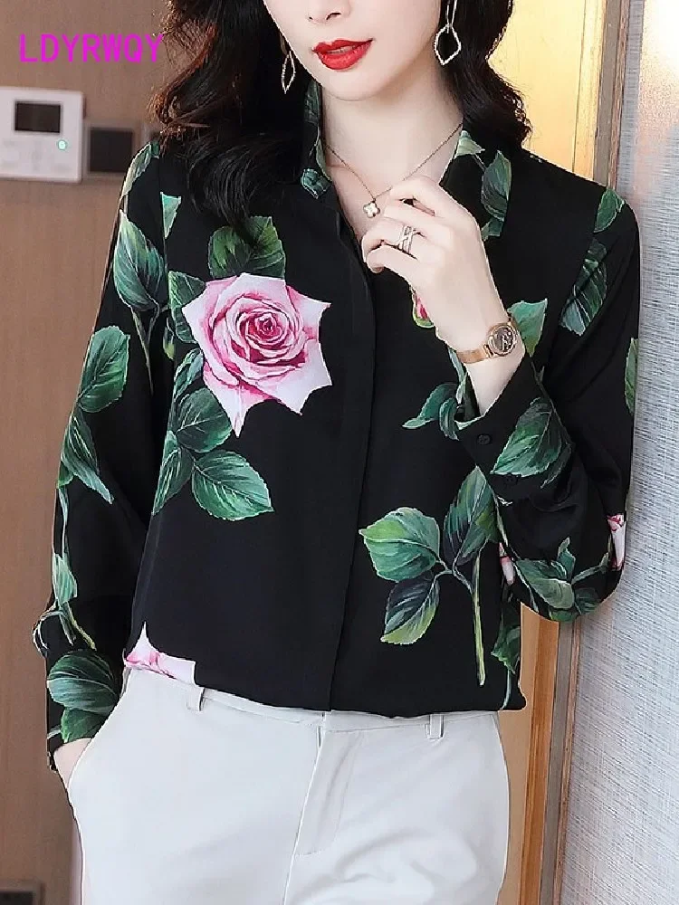 

LDYRWQY 2021 новая темпераментная блузка из шелка тутового шелкопряда с длинными рукавами и принтом женская рубашка с V-образным вырезом девять четвертей