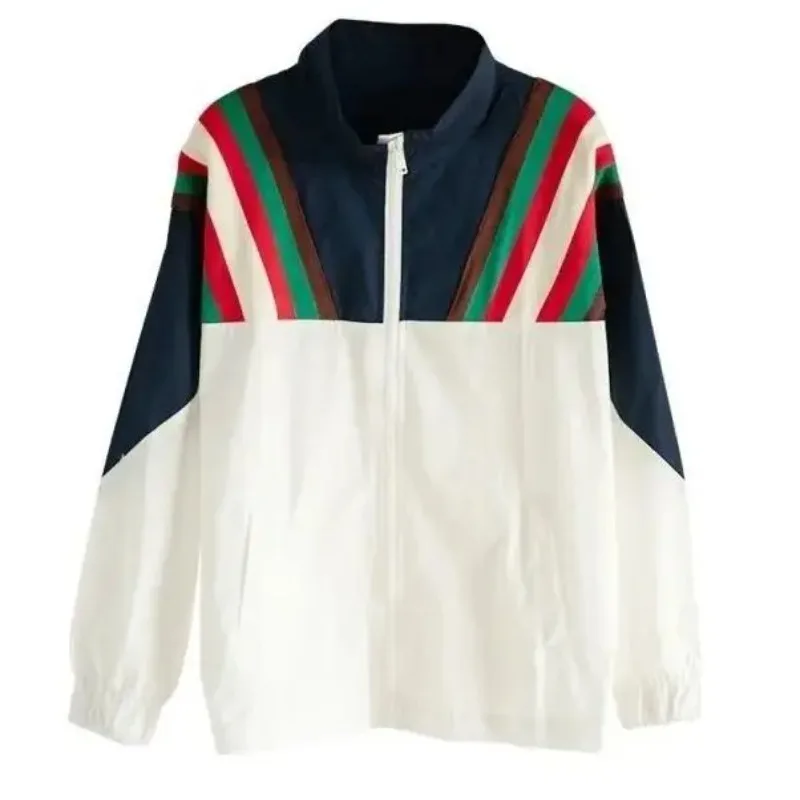 Korean Varsity Women Sunscreen Bomber Jacket Spring Summer Thin Striped Contrast Color Fashion Harajuku Loose Zipper Casual Coat